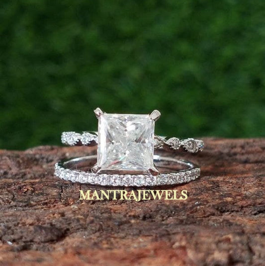 3.00 Ct Princess Brilliant Cut Moissanite Wedding Set, Engagement Ring, Wedding Band, Anniversary Gift, Bridal Ring Set, 14K White Gold Ring