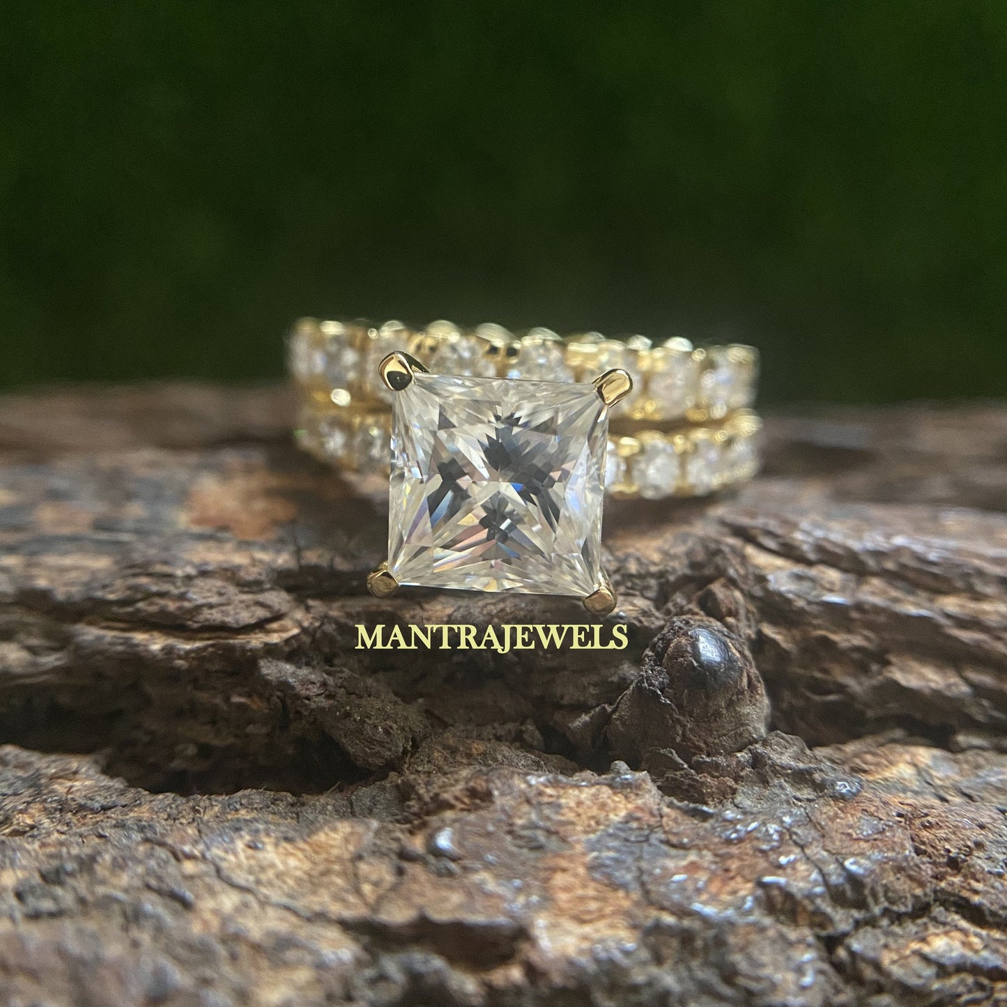 6.20TW Princess & Round Cut Moissanite Wedding Set, Engagement Ring, Anniversary Gift, Bridal Set, Full Eternity Matching Band, Yellow Gold