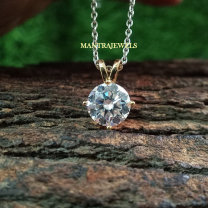 Round Moissanite Solitaire Necklace Pendant, Luxurious 14K Yellow Gold Moissanite Pendant, Ornate Handmade Gemstone Pendant Gift for Women