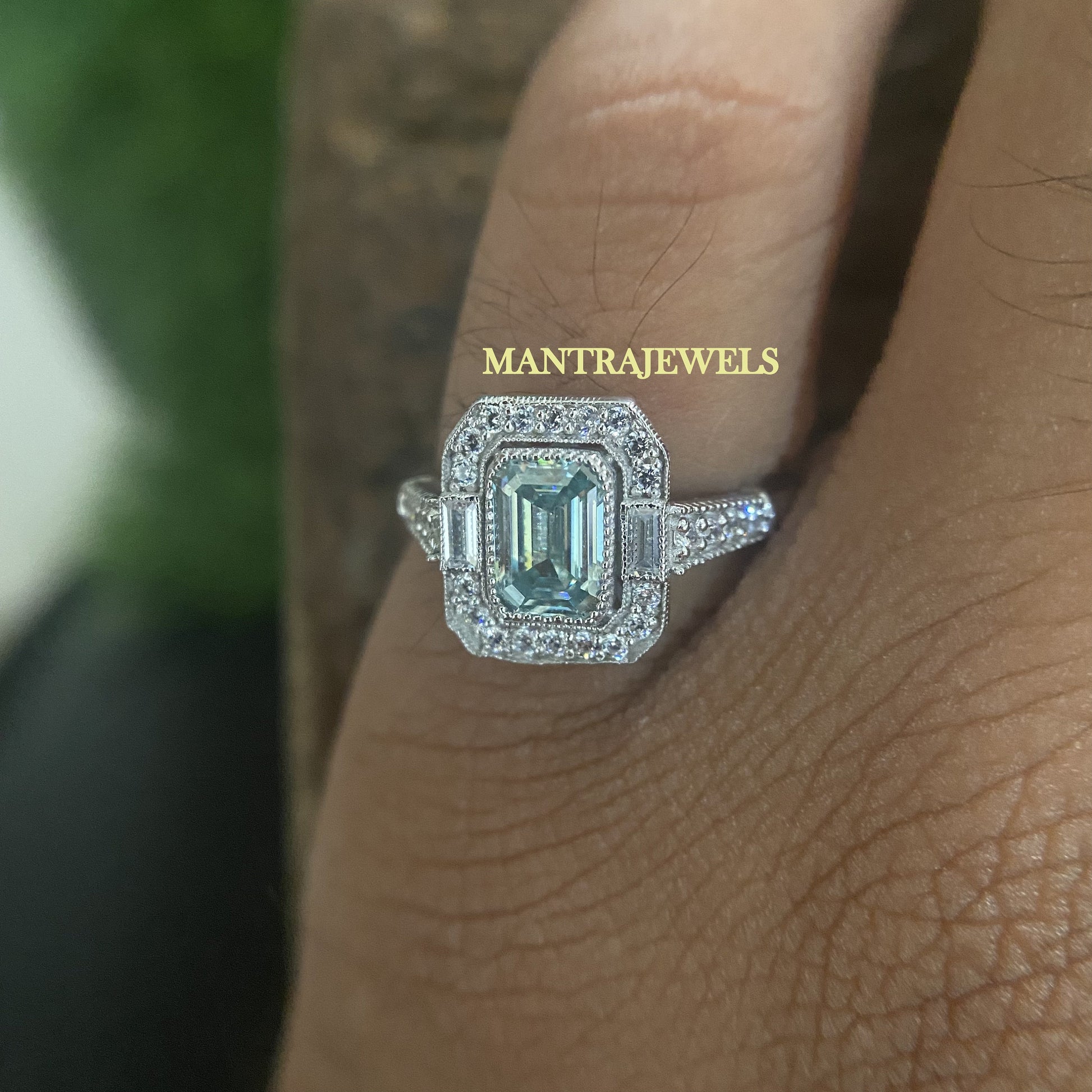 moissanite engagement ring vintage, emerald cut engagement ring, blue moissanite engagement ring, 1 yr anniversary gift, engagement ring box