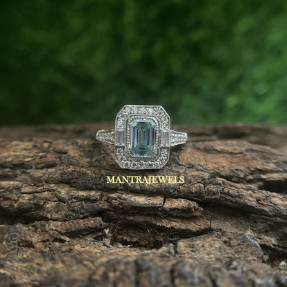 moissanite engagement ring vintage, emerald cut engagement ring, blue moissanite engagement ring, 1 yr anniversary gift, engagement ring box