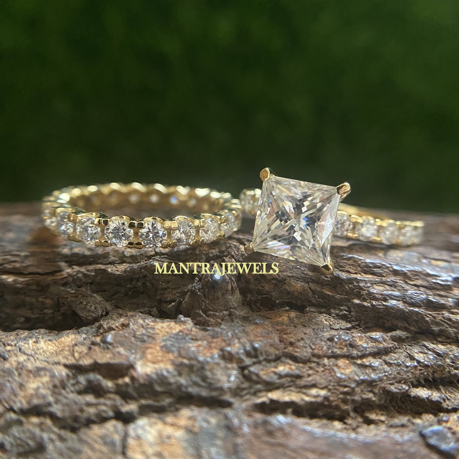 6.20TW Princess & Round Cut Moissanite Wedding Set, Engagement Ring, Anniversary Gift, Bridal Set, Full Eternity Matching Band, Yellow Gold