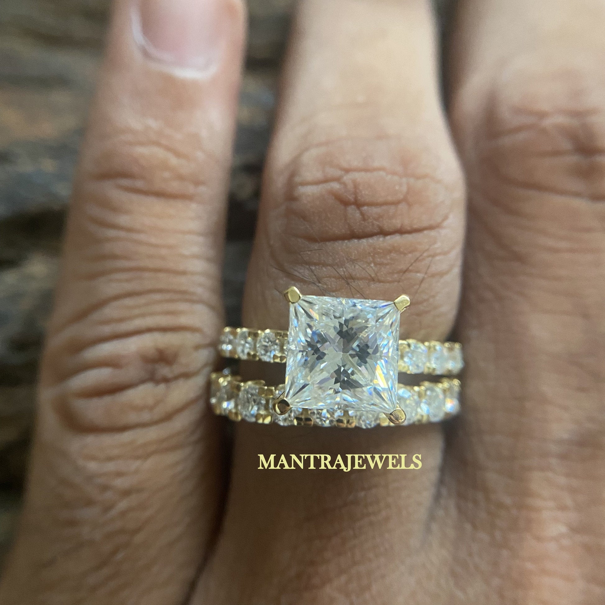 6.20TW Princess & Round Cut Moissanite Wedding Set, Engagement Ring, Anniversary Gift, Bridal Set, Full Eternity Matching Band, Yellow Gold