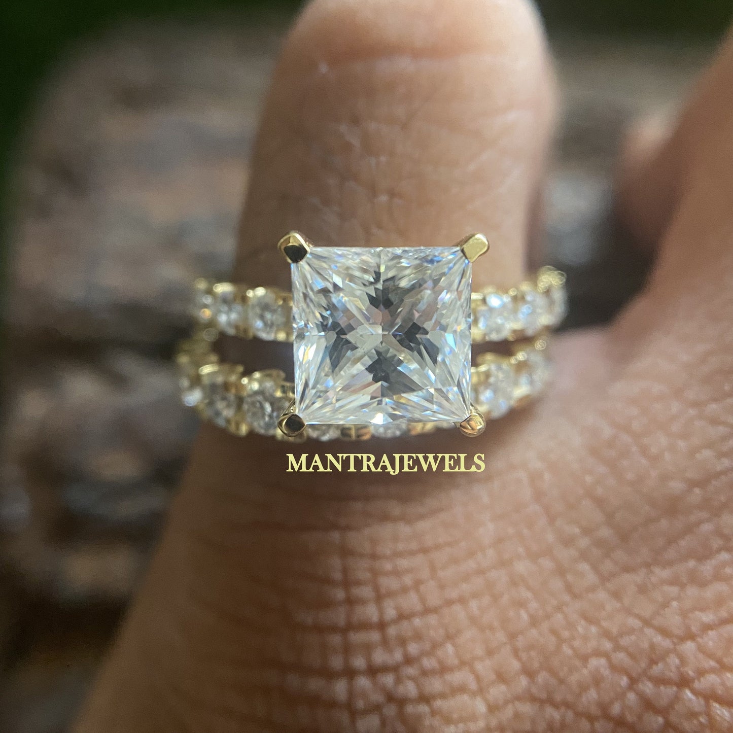 6.20TW Princess & Round Cut Moissanite Wedding Set, Engagement Ring, Anniversary Gift, Bridal Set, Full Eternity Matching Band, Yellow Gold