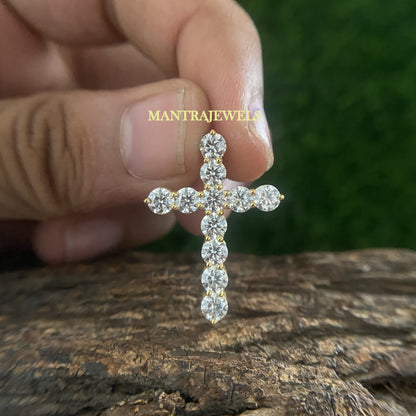 real gold cross pendant mens, cross pendant for women, historical cross pendant, Brilliant Round Moissanite Diamond Cross Pendant In Gold