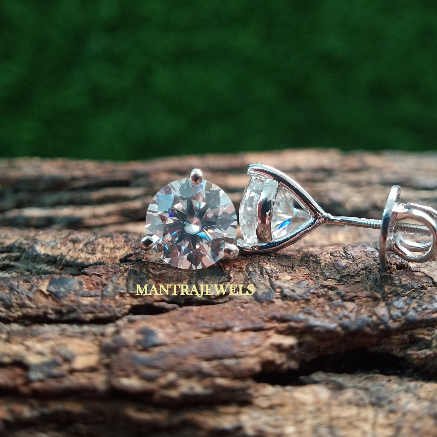 Martini Style Moissanite Earrings Studs, Round Cut Three Prong Set Engagement Earrings, Solitaire Gold Silver Earrings For Her, Screw Backs