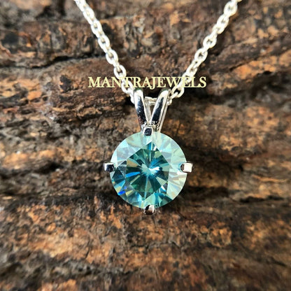 Moissanite Pendant / 4.00Ct Fancy Blue Round Moissanite Pendant / Moissanite Engagement Pendant / Classic 4 Prongs Solid Gold Pendant