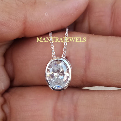 2.12CT Oval Brilliant Cut FG Color Moissanite Pendant, Wedding Pendant, Charm Pendant in 14k White Gold, Solitaire Bezel Set Diamond Pendant