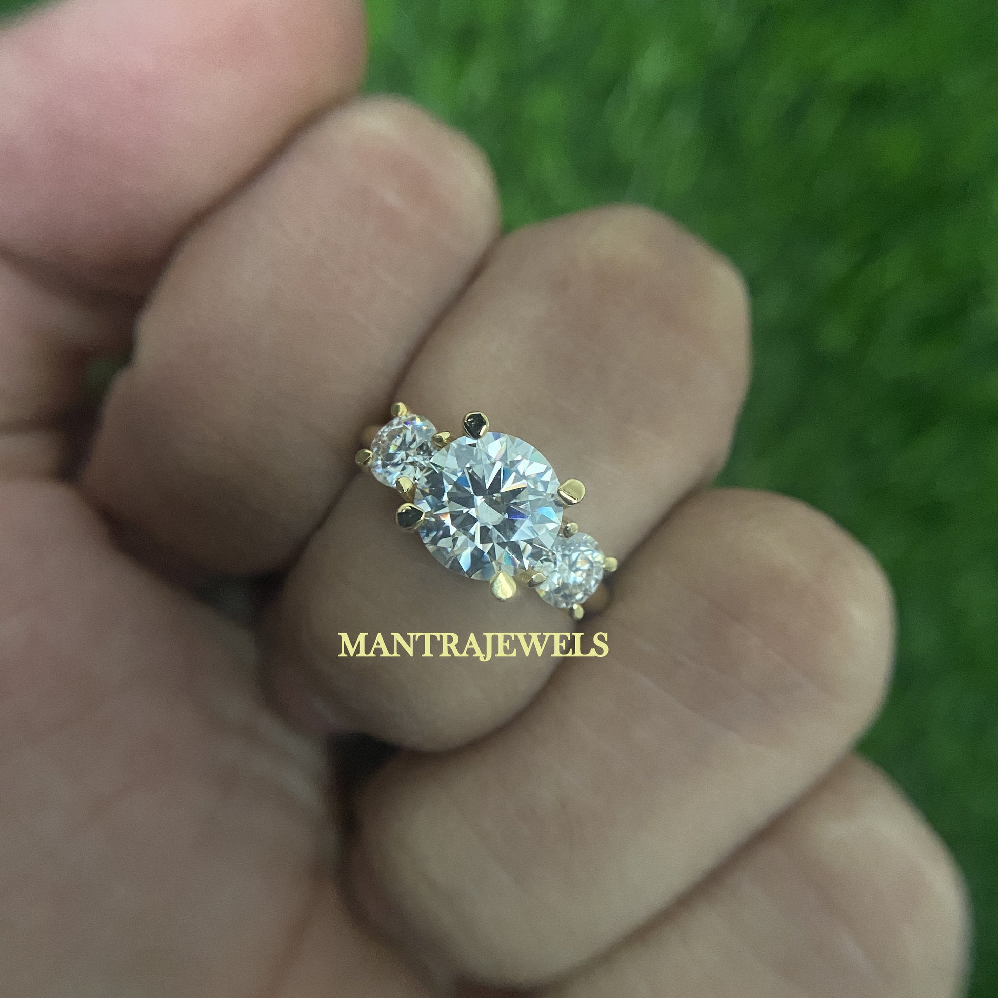 Classic Three Stone Yellow Gold Moissanite Ring/ Round Cut Moissanite 925 Sterling Silver Engagement Ring/ Exclusive Ring Gift For Love.