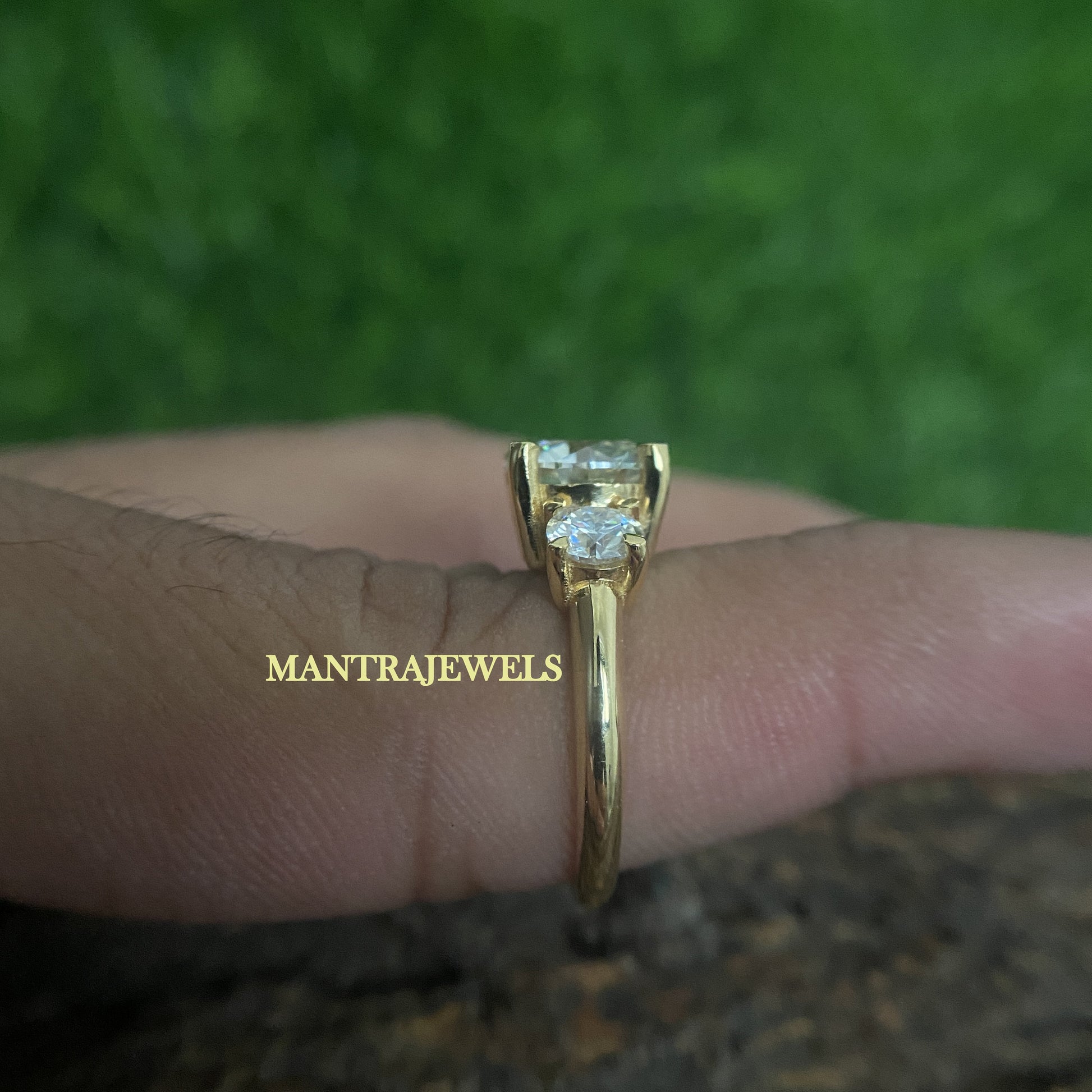 Classic Three Stone Yellow Gold Moissanite Ring/ Round Cut Moissanite 925 Sterling Silver Engagement Ring/ Exclusive Ring Gift For Love.