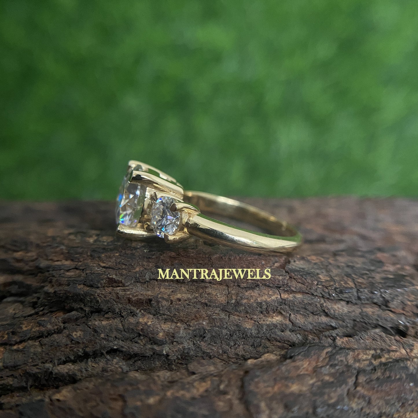 Classic Three Stone Yellow Gold Moissanite Ring/ Round Cut Moissanite 925 Sterling Silver Engagement Ring/ Exclusive Ring Gift For Love.