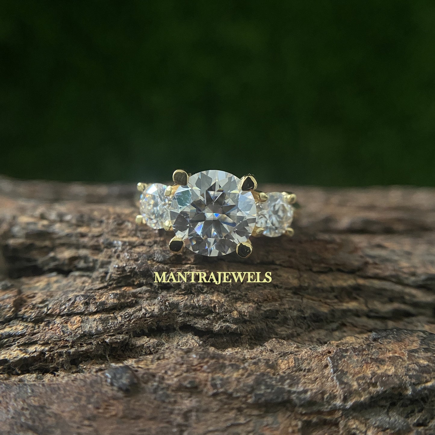 Classic Three Stone Yellow Gold Moissanite Ring/ Round Cut Moissanite 925 Sterling Silver Engagement Ring/ Exclusive Ring Gift For Love.