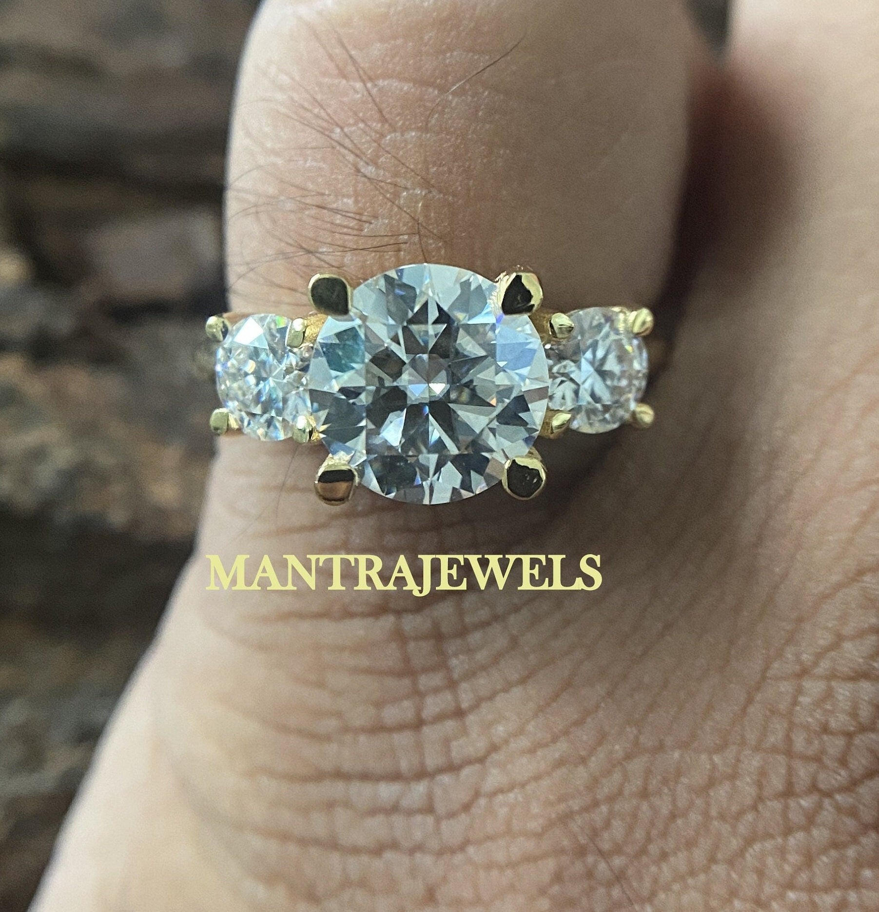 Classic Three Stone Yellow Gold Moissanite Ring/ Round Cut Moissanite 925 Sterling Silver Engagement Ring/ Exclusive Ring Gift For Love.