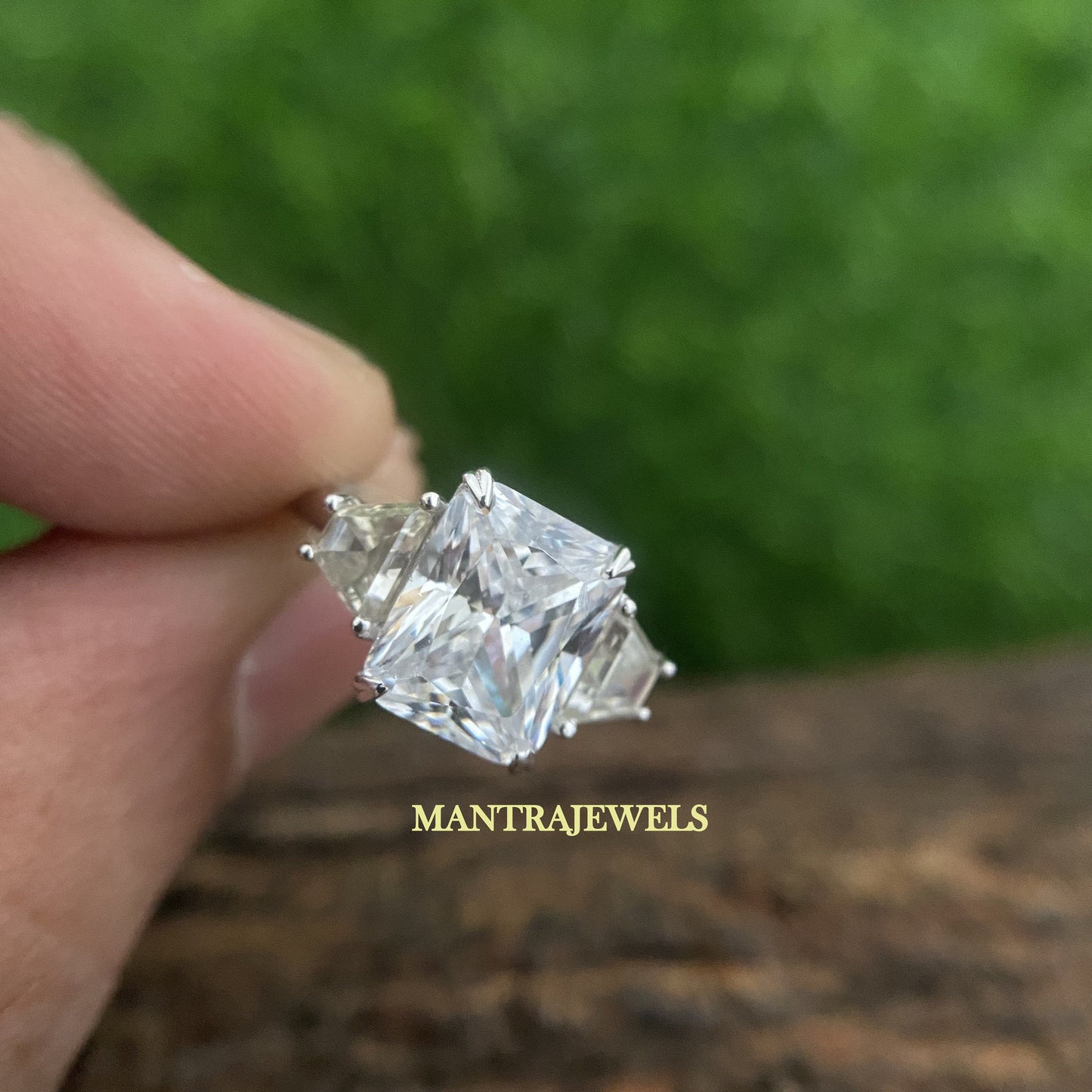 Radiant Cut Moissanite Wedding Ring/ Side Trapezoid Simulated Diamond Ring/ Filigree Design Art Deco Ring/ Forever One Moissanite Ring.