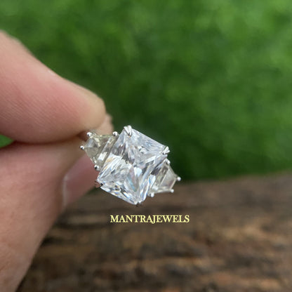 Radiant Cut Moissanite Wedding Ring/ Side Trapezoid Simulated Diamond Ring/ Filigree Design Art Deco Ring/ Forever One Moissanite Ring.