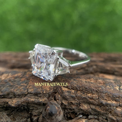 Radiant Cut Moissanite Wedding Ring/ Side Trapezoid Simulated Diamond Ring/ Filigree Design Art Deco Ring/ Forever One Moissanite Ring.