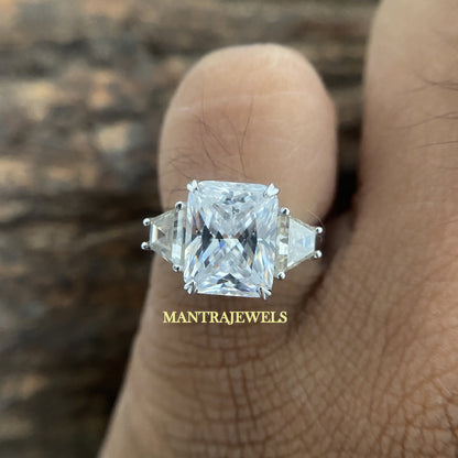 Radiant Cut Moissanite Wedding Ring/ Side Trapezoid Simulated Diamond Ring/ Filigree Design Art Deco Ring/ Forever One Moissanite Ring.