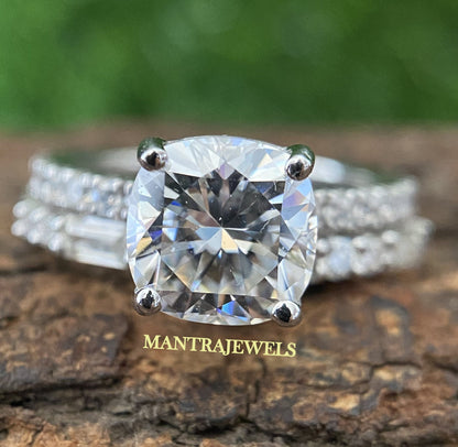 2.00 Carat Cushion Cut Moissanite Ring Set/ Matching Half Eternity White Gold Ring/ 18KT Accent Bridal Anniversary Ring Set.