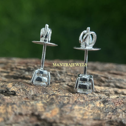 Cushion Moissanite Women's Stud Earrings In White Gold, Four Prong Set Moissanite Wedding Earrings, Solitaire Handcrafted Cushion Earrings.