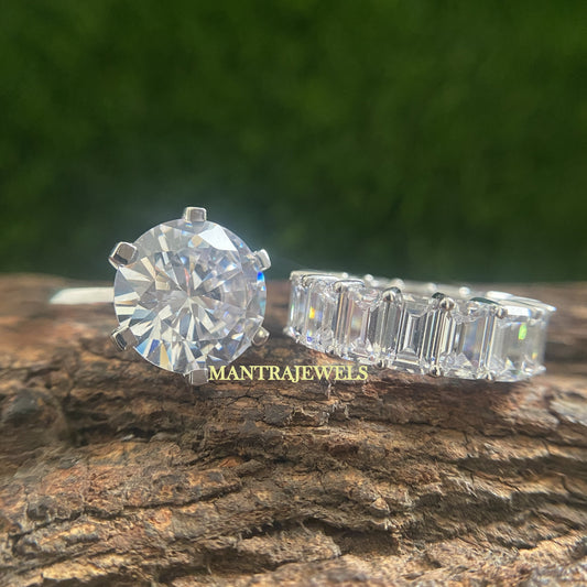 Solitaire Round Cut Moissanite Ring Set/ Matching Vintage Emerald Cut Full Eternity Band/ Solid Yellow/Rose/White Gold Bridal Ring Set.