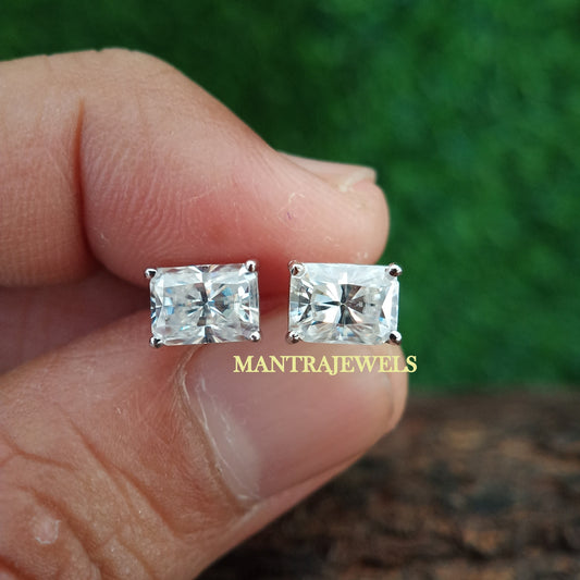 Moissanite Solitaire Stud Earrings, 2.00Ct Radiant Cut Moissanite Earring, Solid Real White Gold Earrings, Screw Back Wedding Earrings