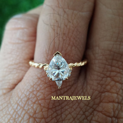 Pear Moissanite Engagement Ring, 1.40 CT Pear Cut Moissanite Diamond Twisted Band Ring in Real 14k Yellow Gold, Wedding Ring For Her