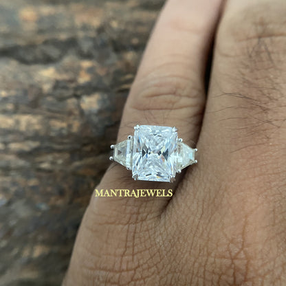 Radiant Cut Moissanite Wedding Ring/ Side Trapezoid Simulated Diamond Ring/ Filigree Design Art Deco Ring/ Forever One Moissanite Ring.