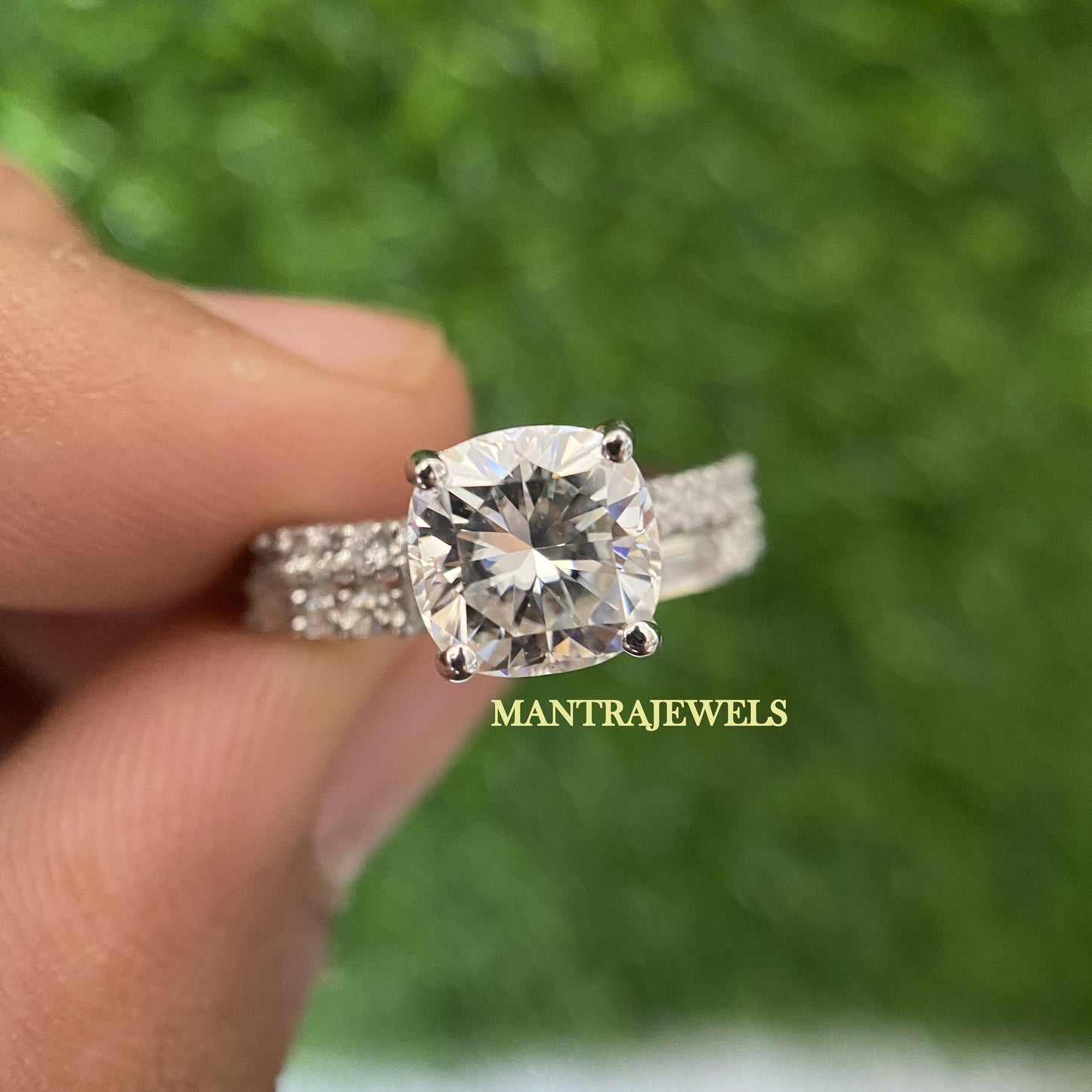 2.00 Carat Cushion Cut Moissanite Ring Set/ Matching Half Eternity White Gold Ring/ 18KT Accent Bridal Anniversary Ring Set.