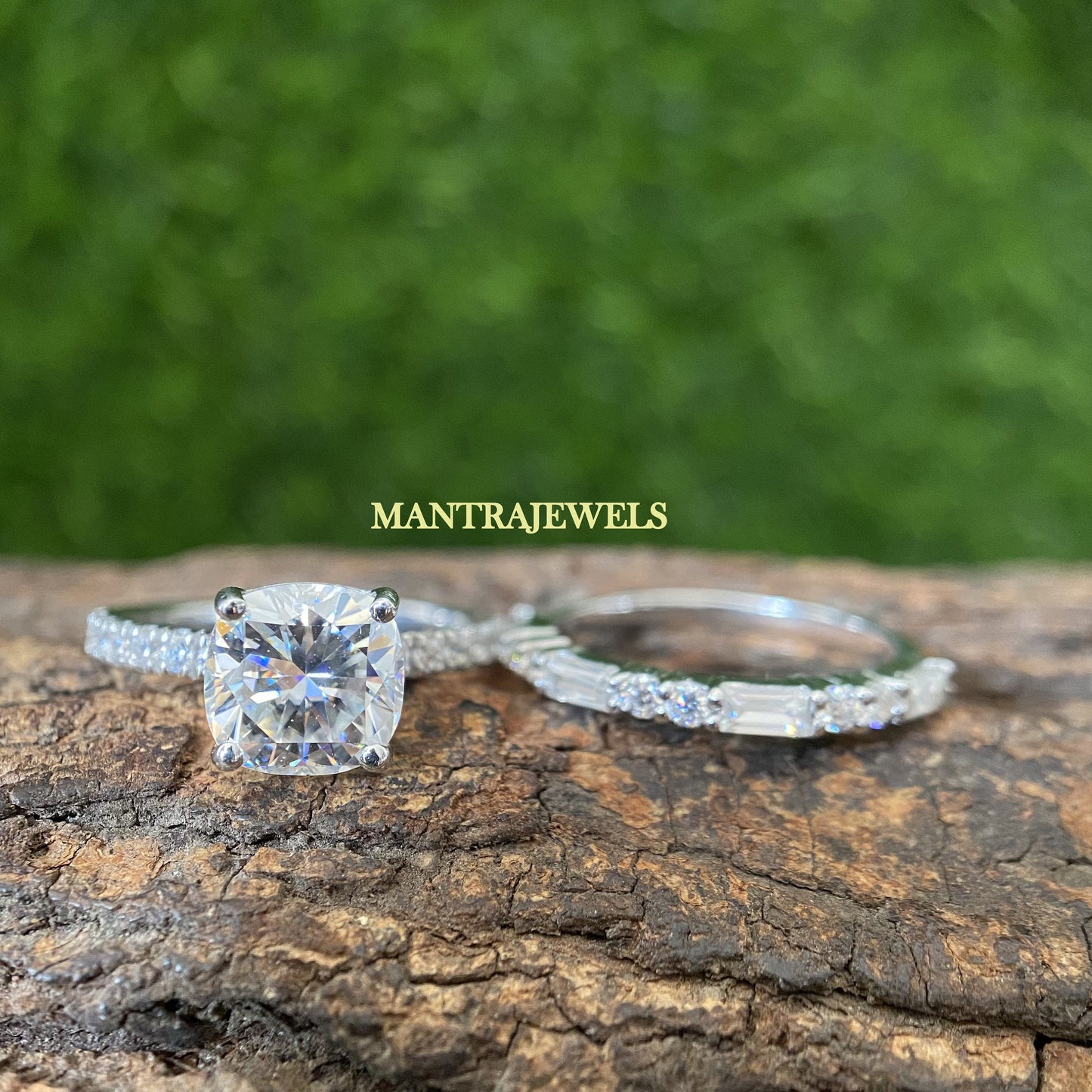 2.00 Carat Cushion Cut Moissanite Ring Set/ Matching Half Eternity White Gold Ring/ 18KT Accent Bridal Anniversary Ring Set.