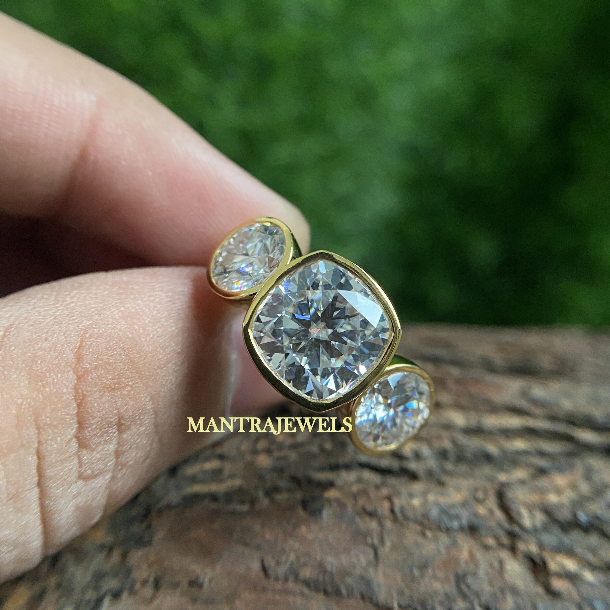 Colorless Moissanite Past Present Future Ring/ Cushion Cut Solid Gold Ring/ Sterling Silver Bezel Set Ring/ Dream Engagement Ring For Her