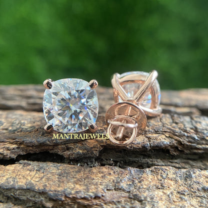 Cushion Cut Moissanite Earrings/ Solid 10KT/14KT/18KT Rose Gold Bridal Earrings/ Handmade Solitaire Diamond Moissanite Earrings For Her.