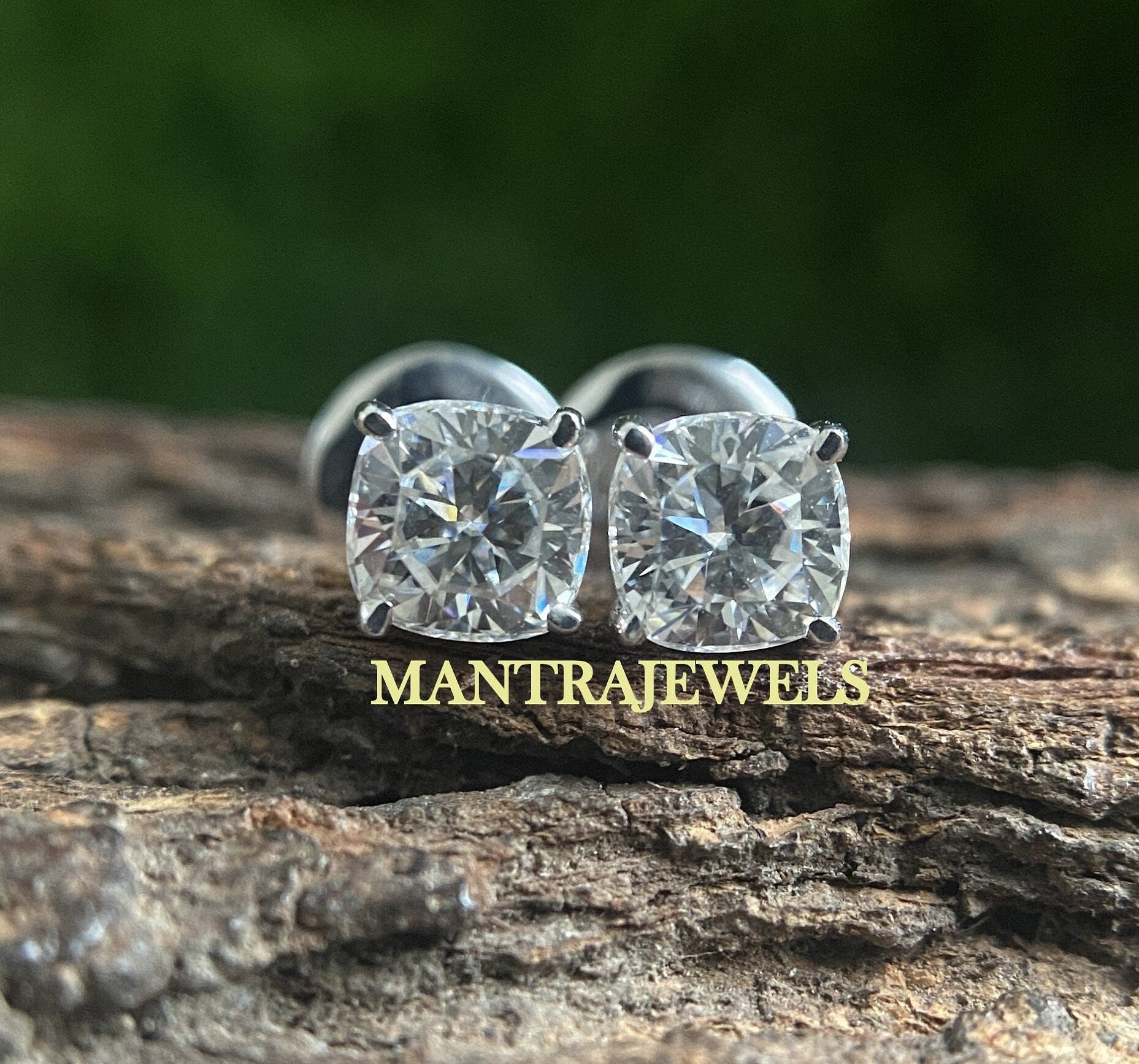 Cushion Moissanite Women's Stud Earrings In White Gold, Four Prong Set Moissanite Wedding Earrings, Solitaire Handcrafted Cushion Earrings.