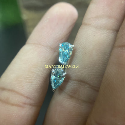 Cyan Blue Moissanite Earrings, 3.00 Carat Pear Cut Studs Earrings, Screw Back Earrings for Women, Solitaire White Gold Over Earrings.