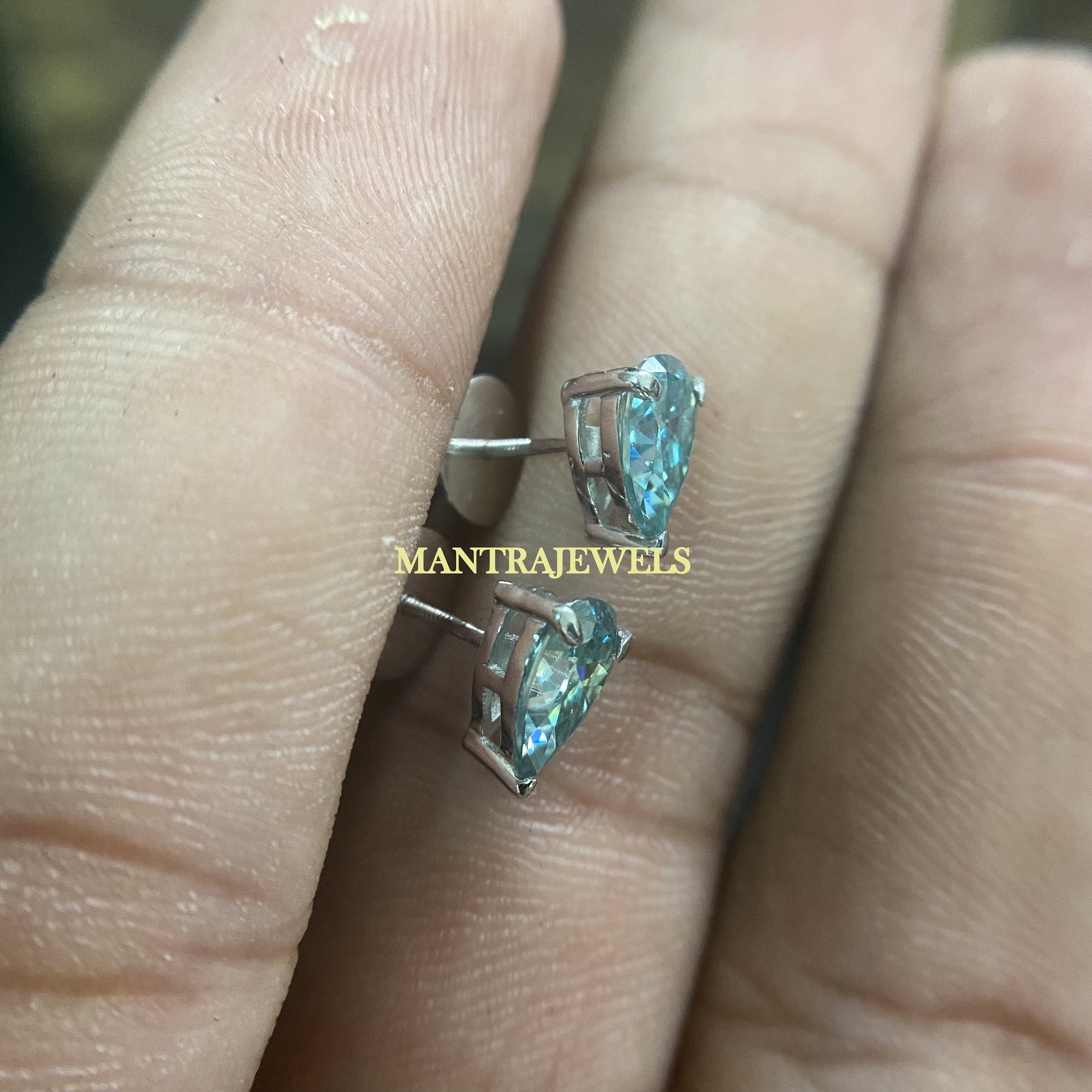 Cyan Blue Moissanite Earrings, 3.00 Carat Pear Cut Studs Earrings, Screw Back Earrings for Women, Solitaire White Gold Over Earrings.