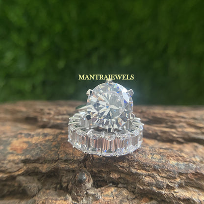 Solitaire Round Cut Moissanite Ring Set/ Matching Vintage Emerald Cut Full Eternity Band/ Solid Yellow/Rose/White Gold Bridal Ring Set.