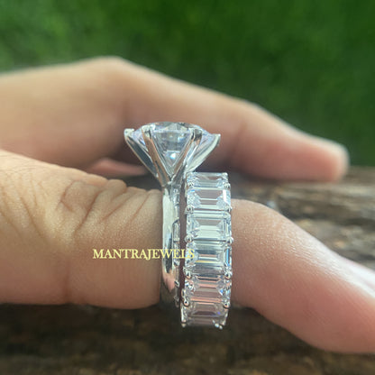 Solitaire Round Cut Moissanite Ring Set/ Matching Vintage Emerald Cut Full Eternity Band/ Solid Yellow/Rose/White Gold Bridal Ring Set.