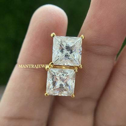 10.80 Carat Colorless Princess Cut Earrings, Screw Back Basket Setting Unisex Earrings, Gold Moissanite Stud Best For Anniversary Gift