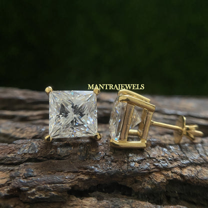 10.80 Carat Colorless Princess Cut Earrings, Screw Back Basket Setting Unisex Earrings, Gold Moissanite Stud Best For Anniversary Gift