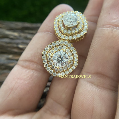 Cushion Cut Moissanite Screw Back Stud Earring, Unique Double Halo Art Deco Style Earrings, Solid 14k Yellow Gold Engagement Earrings