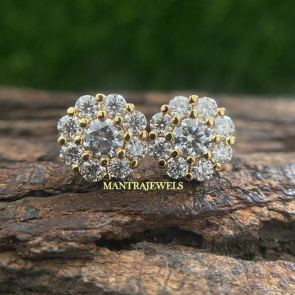 Designer Round Cut Moissanite Earrings/ Brilliant Screw Back Wedding Bridal Earring/ Floral Style Halo Diamond Stud Earrings.