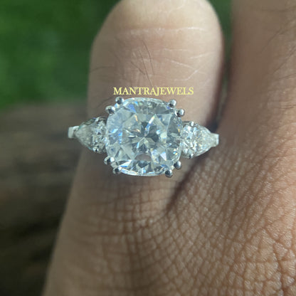 Colorless Cushion Cut Moissanite Ring, Classic Three Stone Promise Ring, Double Claw Bubble Prong Set Engagement Ring, Side Pear Stone Ring