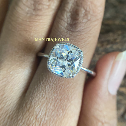 Vintage Style Cushion Cut Engagement Ring, 10K/14K/18K Solid White Gold Moissanite Ring, Bezel Set Solitaire Bridal Anniversary Ring.