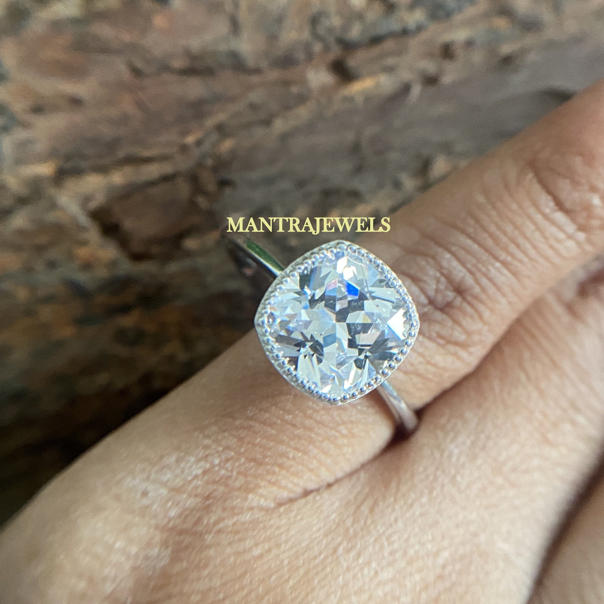 Vintage Style Cushion Cut Engagement Ring, 10K/14K/18K Solid White Gold Moissanite Ring, Bezel Set Solitaire Bridal Anniversary Ring.