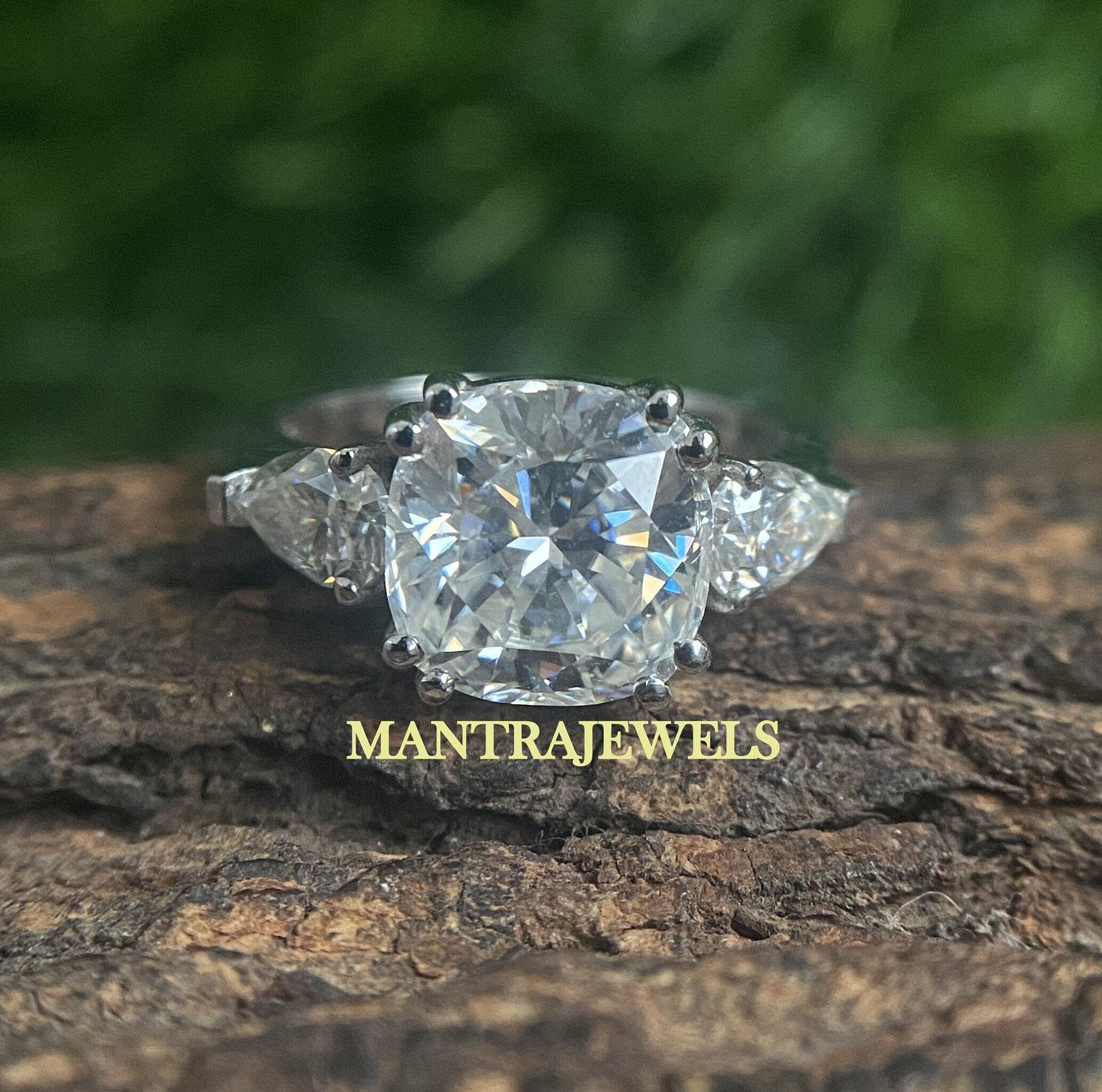 Perfect Anniversary Ring, 3 TCW Cushion Cut Colorless Moissanite Three Stone Engagement Ring, Colorless Cushion Three Stone Unique hot Ring Gift