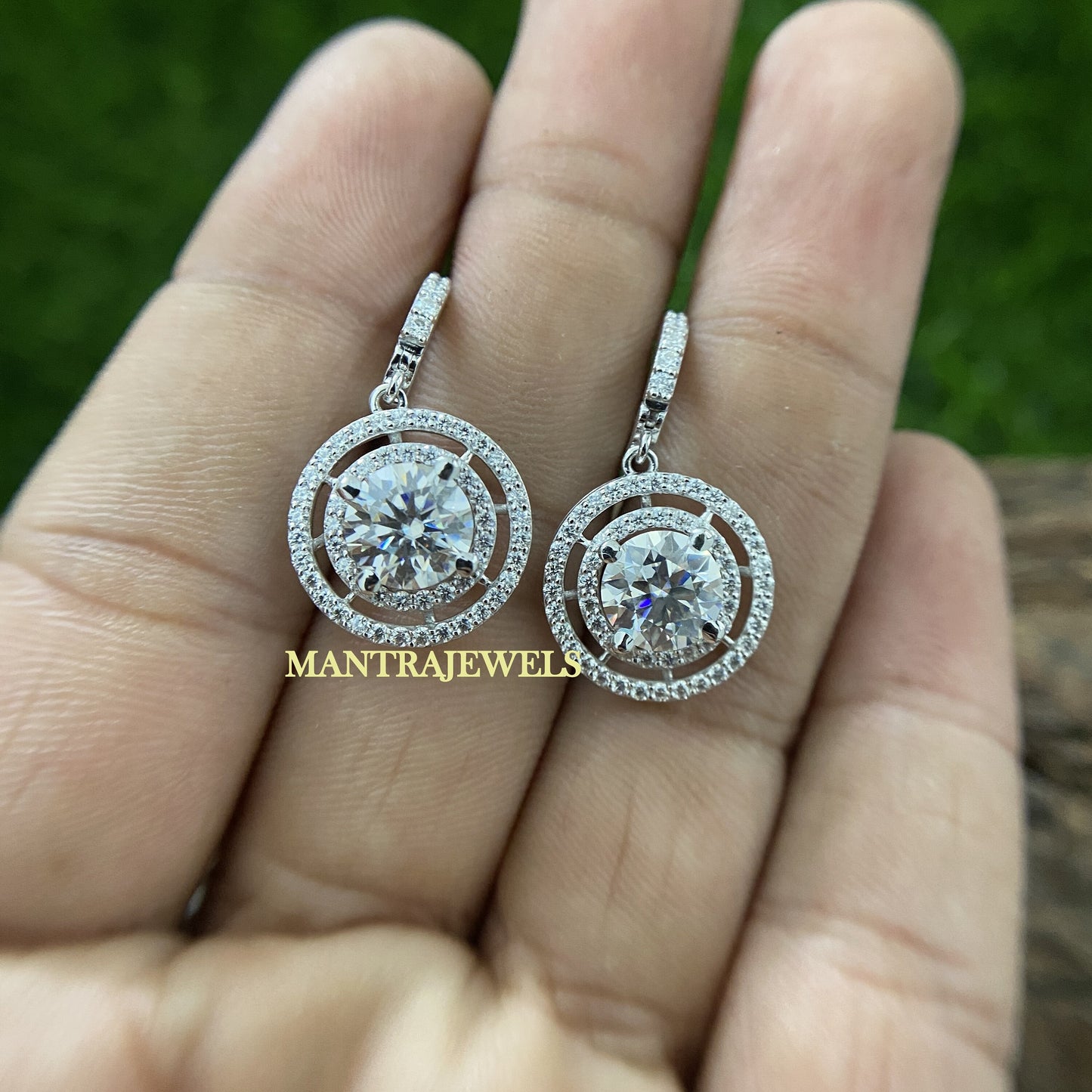 Moissanite Drop Earring, Round Cut Moissanite Minimalist Earrings, White Gold Tiny Hoops Earring, Double Halo Custom Earrings.