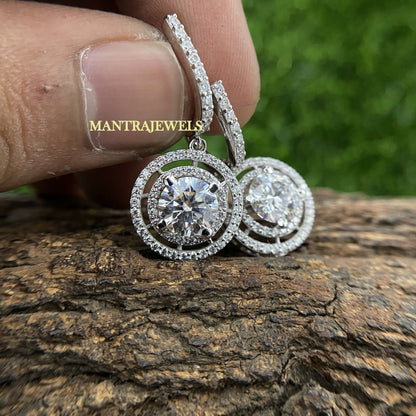 Moissanite Drop Earring, Round Cut Moissanite Minimalist Earrings, White Gold Tiny Hoops Earring, Double Halo Custom Earrings.