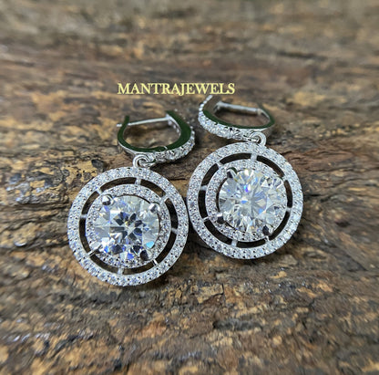 Moissanite Drop Earring, Round Cut Moissanite Minimalist Earrings, White Gold Tiny Hoops Earring, Double Halo Custom Earrings.