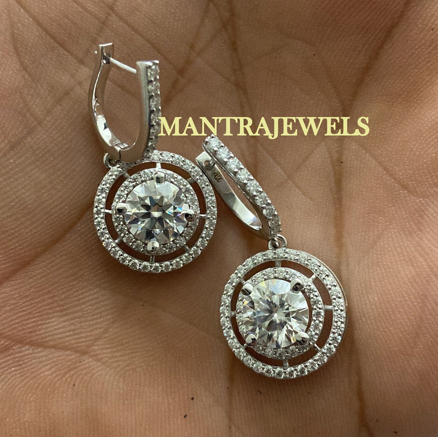 Moissanite Drop Earring, Round Cut Moissanite Minimalist Earrings, White Gold Tiny Hoops Earring, Double Halo Custom Earrings.