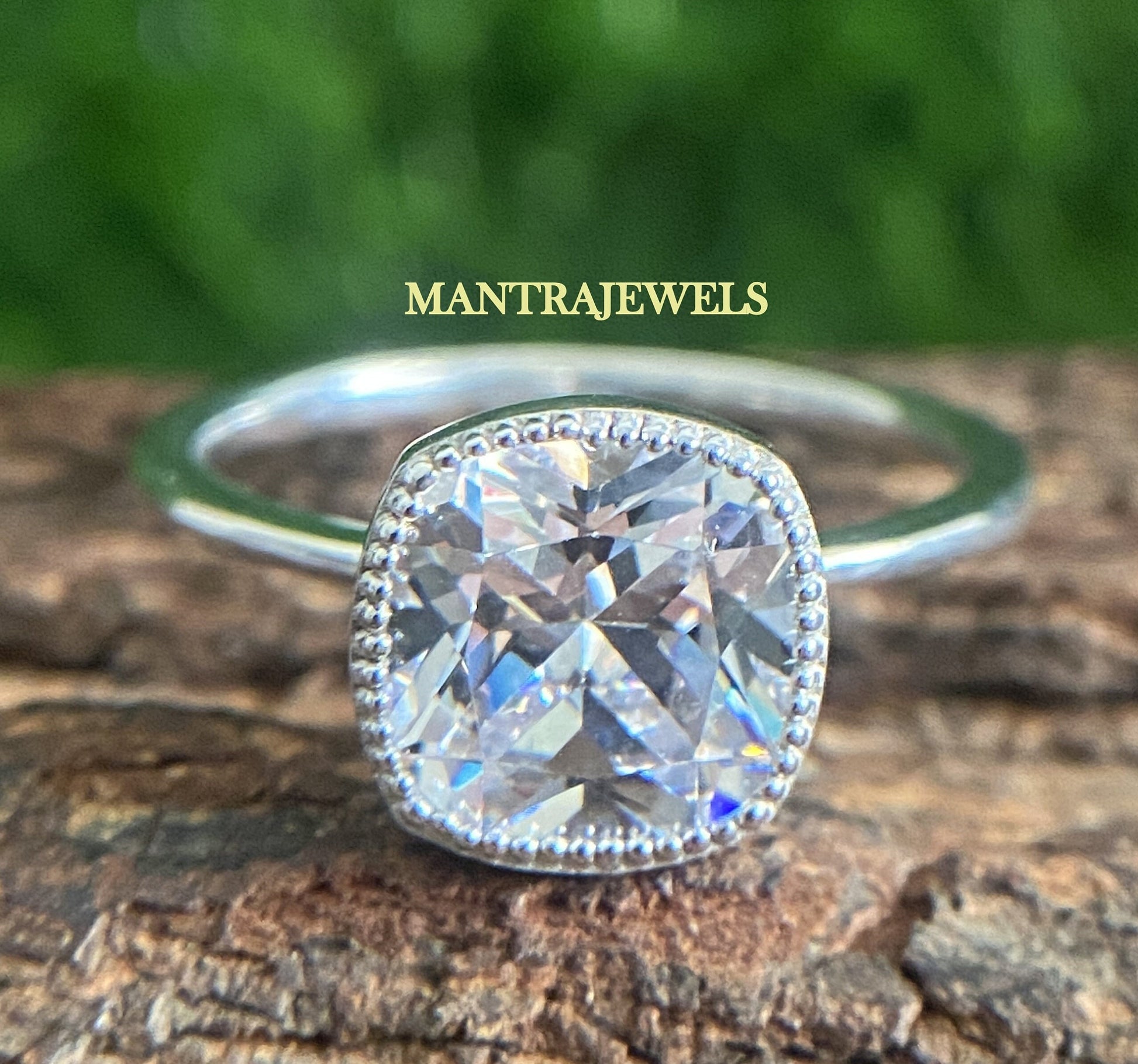 Vintage Style Cushion Cut Engagement Ring, 10K/14K/18K Solid White Gold Moissanite Ring, Bezel Set Solitaire Bridal Anniversary Ring.