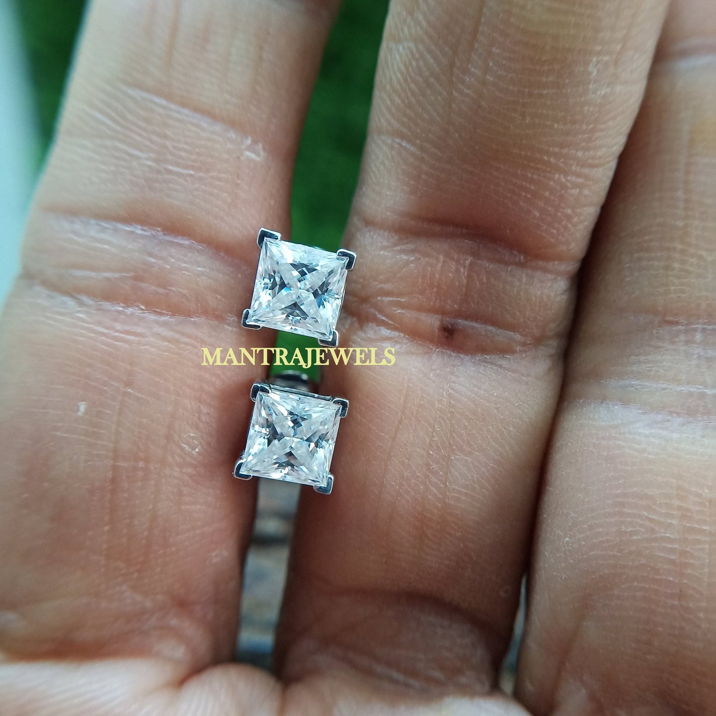 Moissanite Screw Back Earrings/ Princess Cut Studs Wedding Earrings/ Basket Setting Unisex Earrings/ 925 Sterling Silver Diamond Earrings.